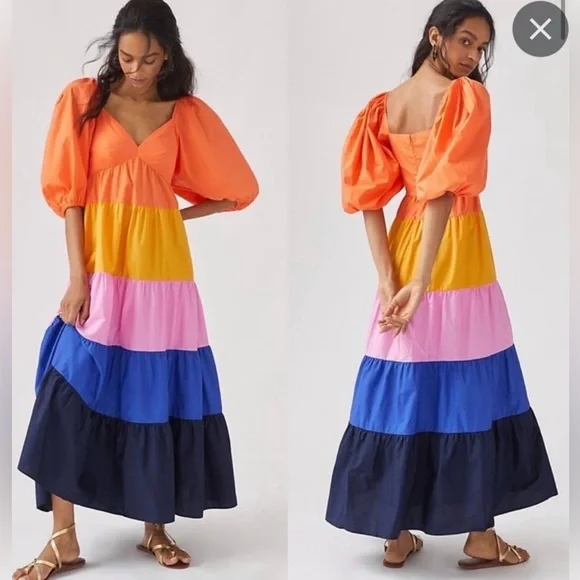 Farm Rio Anthropologie Puff Sleeve Ruffled Tier Color block Maxi Dress - Picture 1 of 15